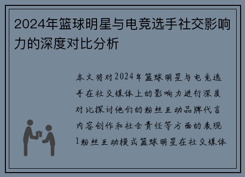 2024年篮球明星与电竞选手社交影响力的深度对比分析